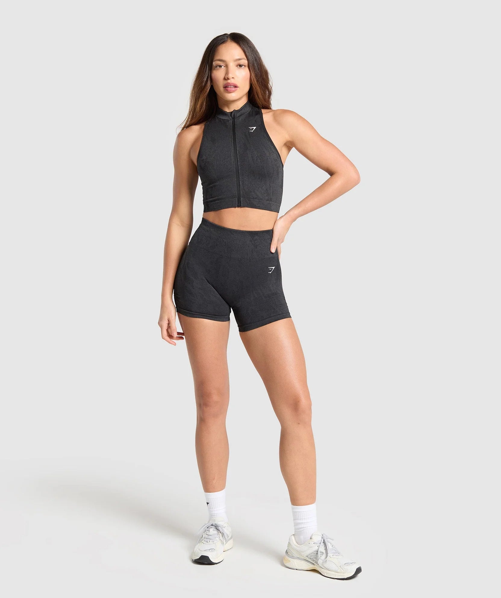 GYMSHARK ADAPT CAMO SEAMLESS ZIP UP CROP TOP