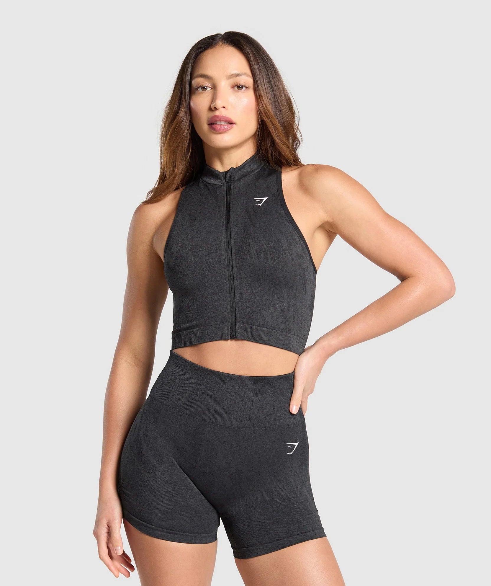 GYMSHARK ADAPT CAMO SEAMLESS ZIP UP CROP TOP