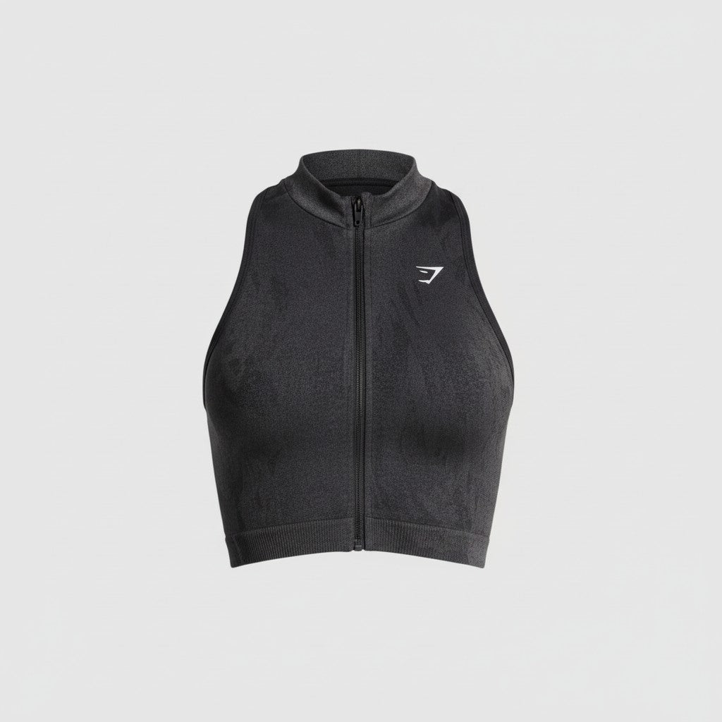 GYMSHARK ADAPT CAMO SEAMLESS ZIP UP CROP TOP