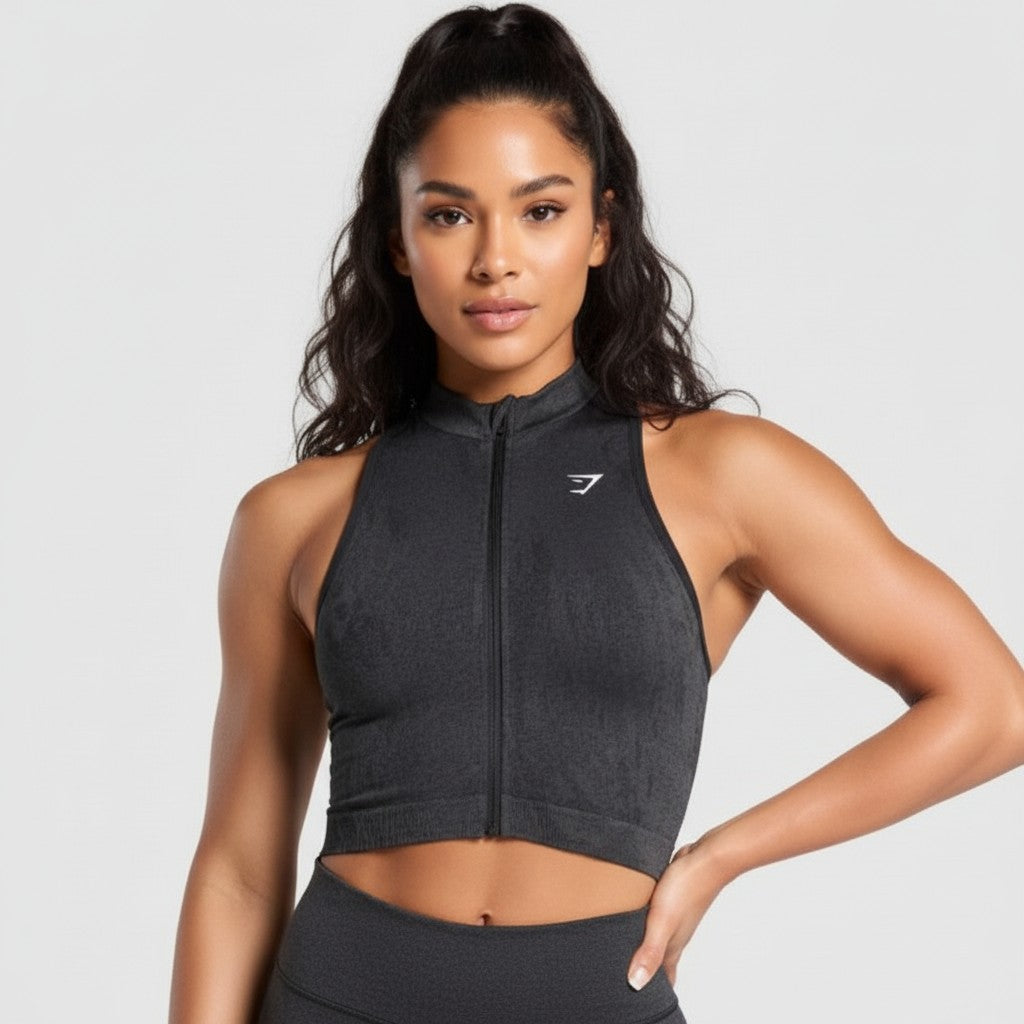 GYMSHARK ADAPT CAMO SEAMLESS ZIP UP CROP TOP