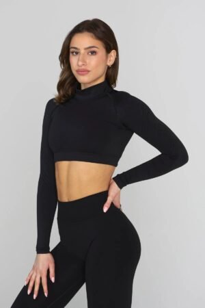 YOUNGLA W445 SEAMLESS CURVE LONGSLEEVE CROP {BLACK}